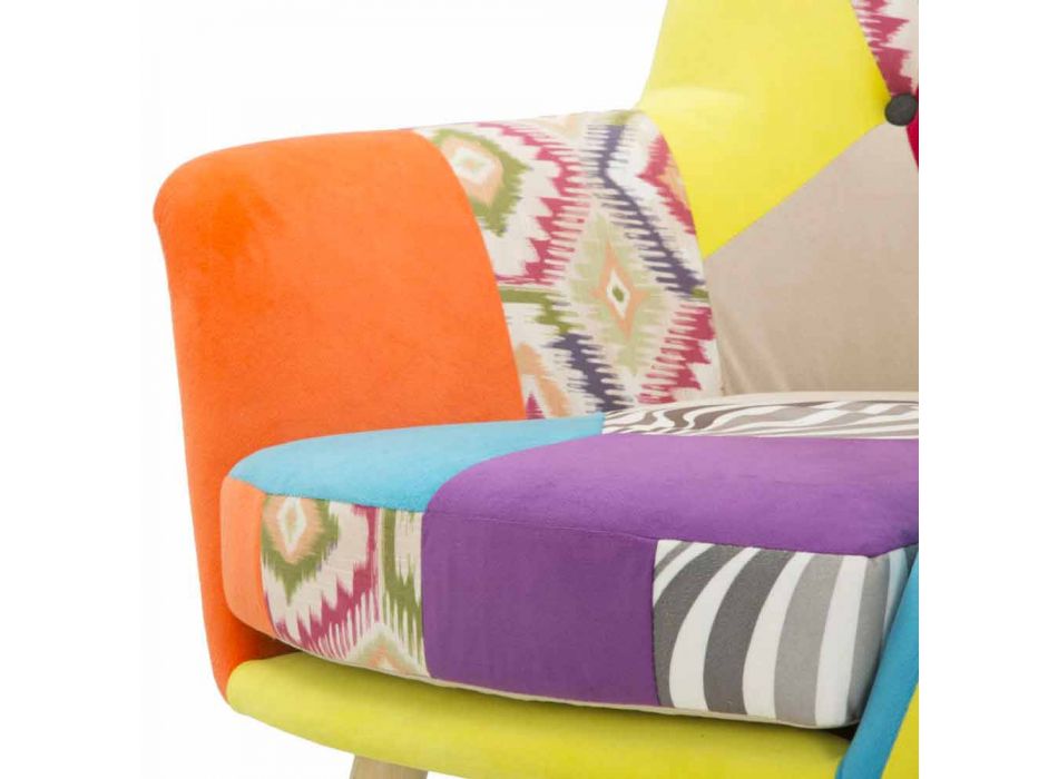 Moderne design patchwork lænestol i stof og træ - Karin Viadurini