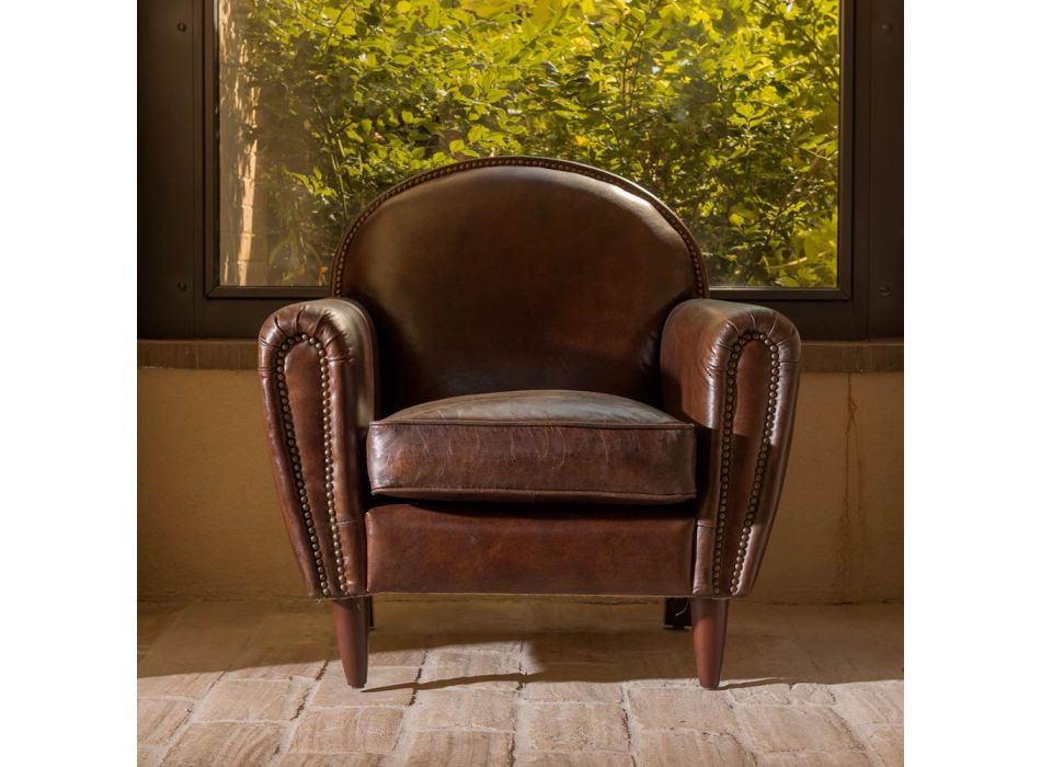 Indendørs lænestol i vintage læder med ældet effekt mørkebrun - stempel Viadurini