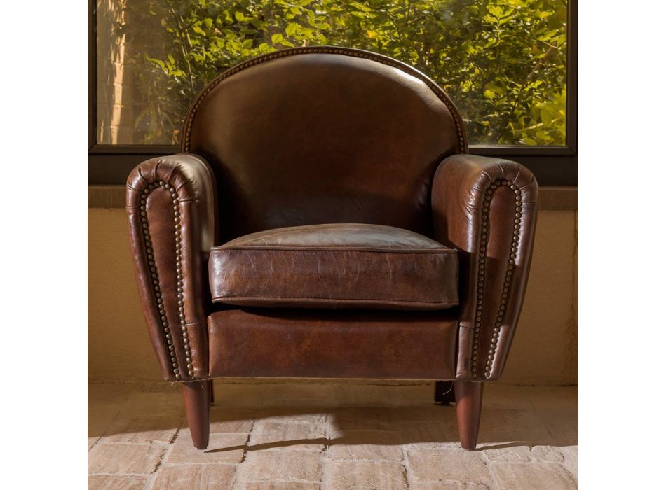 Indendørs lænestol i vintage læder med ældet effekt mørkebrun - stempel Viadurini