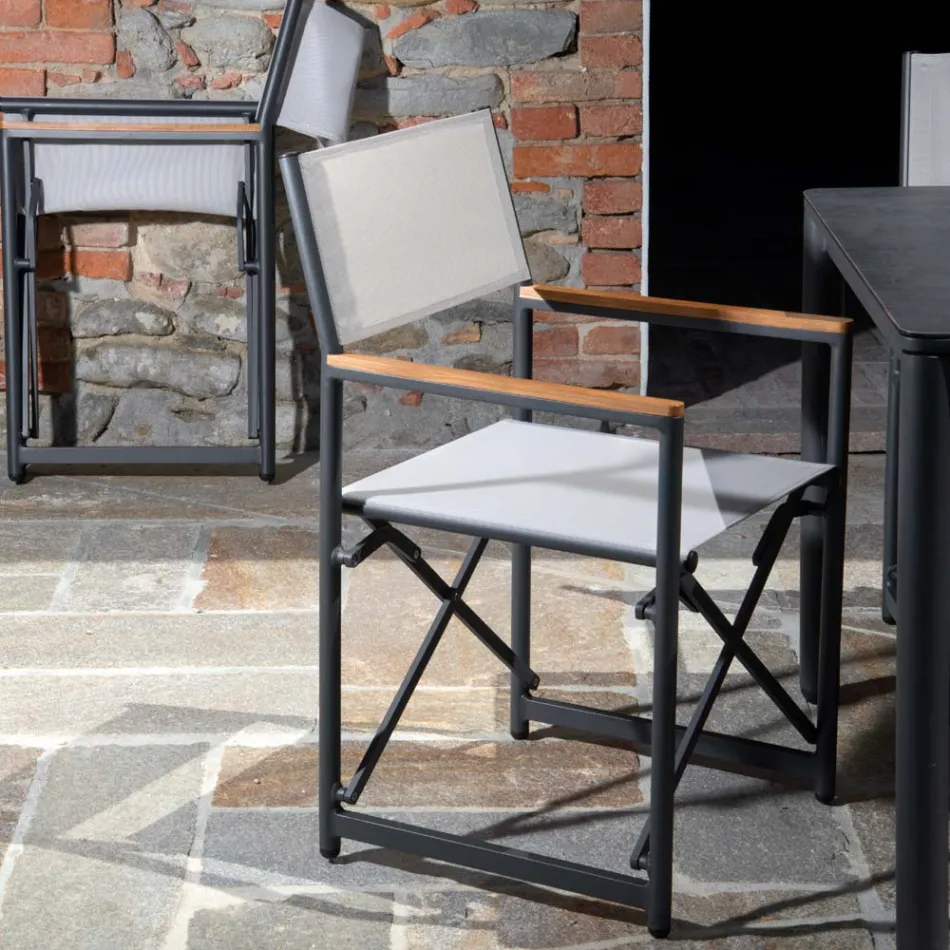 Direktørstol af aluminium, textilene og armlæn af teaktræ - Tenda Viadurini