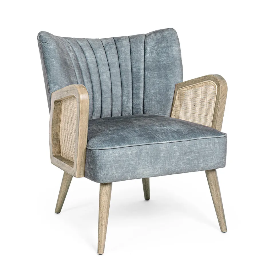 Vintage trælænestol med rattan og polyester armlæn - Ludovica Viadurini