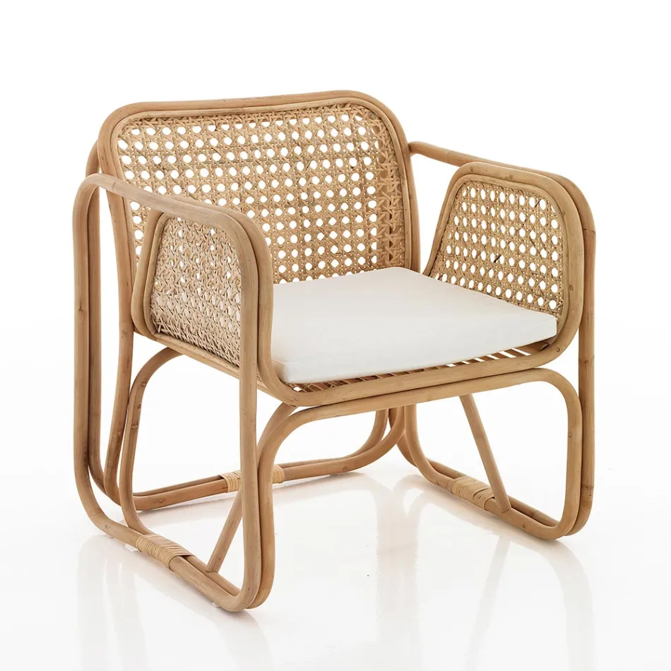 Udendørs og indendørs Rattan lænestol og Saia stofpuder - Voir Viadurini