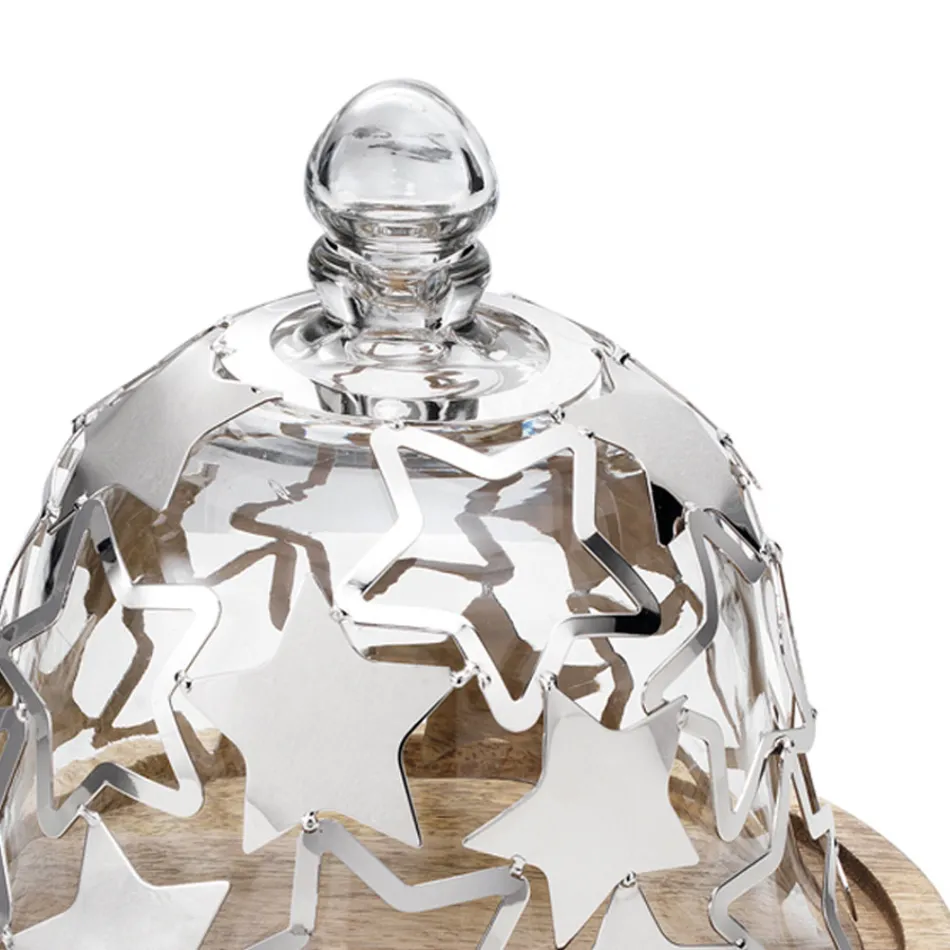 Klokke kageholder i træ og glas med sølvmetalstjerner - Ilenia Viadurini