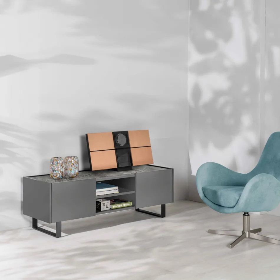 TV stativ med marmoreffekt keramisk top med 2 døre og 2 åbne rum - Clak Viadurini