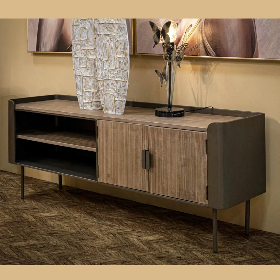 Stue TV stativ i grantræ og gråt jern med 2 døre - Cooper Viadurini