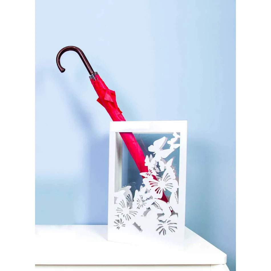 Hvid træparaplystativ med moderne design dekoreret med sommerfugle - Papilio Viadurini