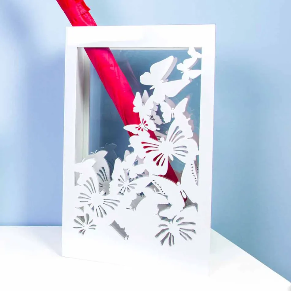 Hvid træparaplystativ med moderne design dekoreret med sommerfugle - Papilio Viadurini