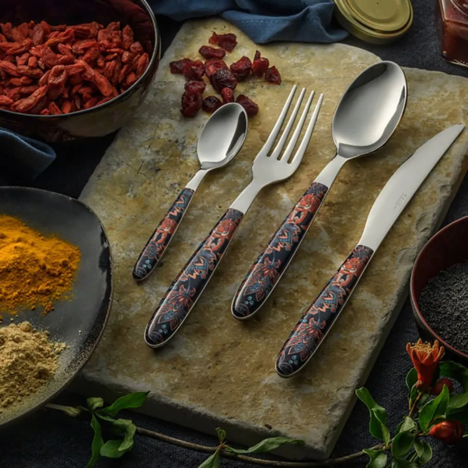 Stål og Plast Bestik Farvet Dekoration med Tiger 24 Stk - Alessandra Viadurini