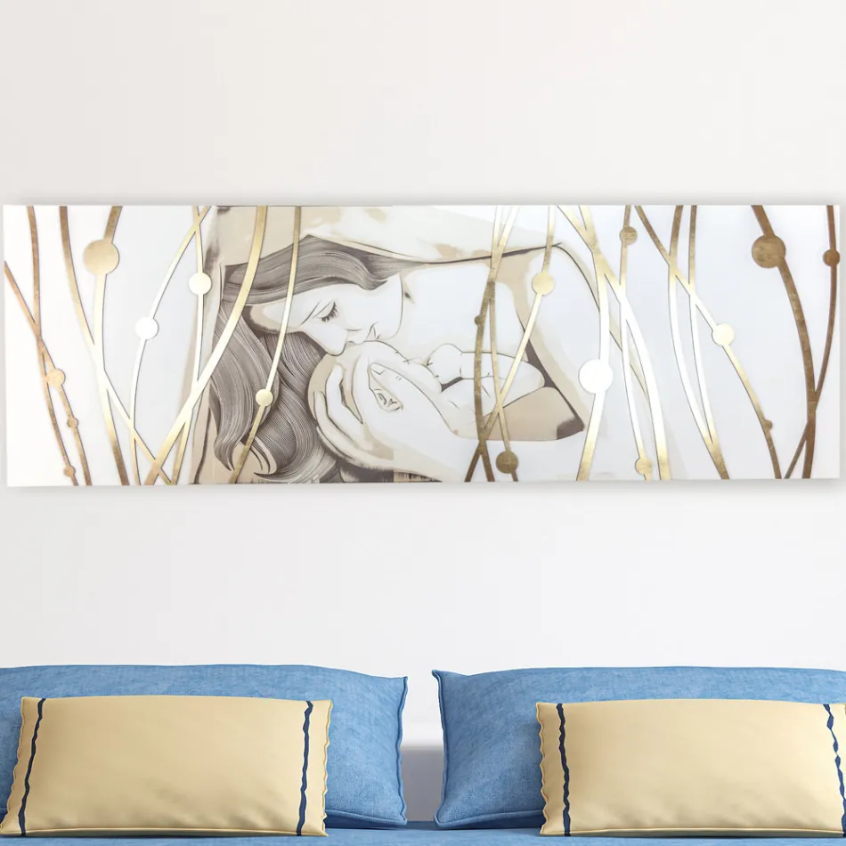 Rektangulært maleri lavet med laser med gudinde og barn lavet i Italien - Nagi Viadurini