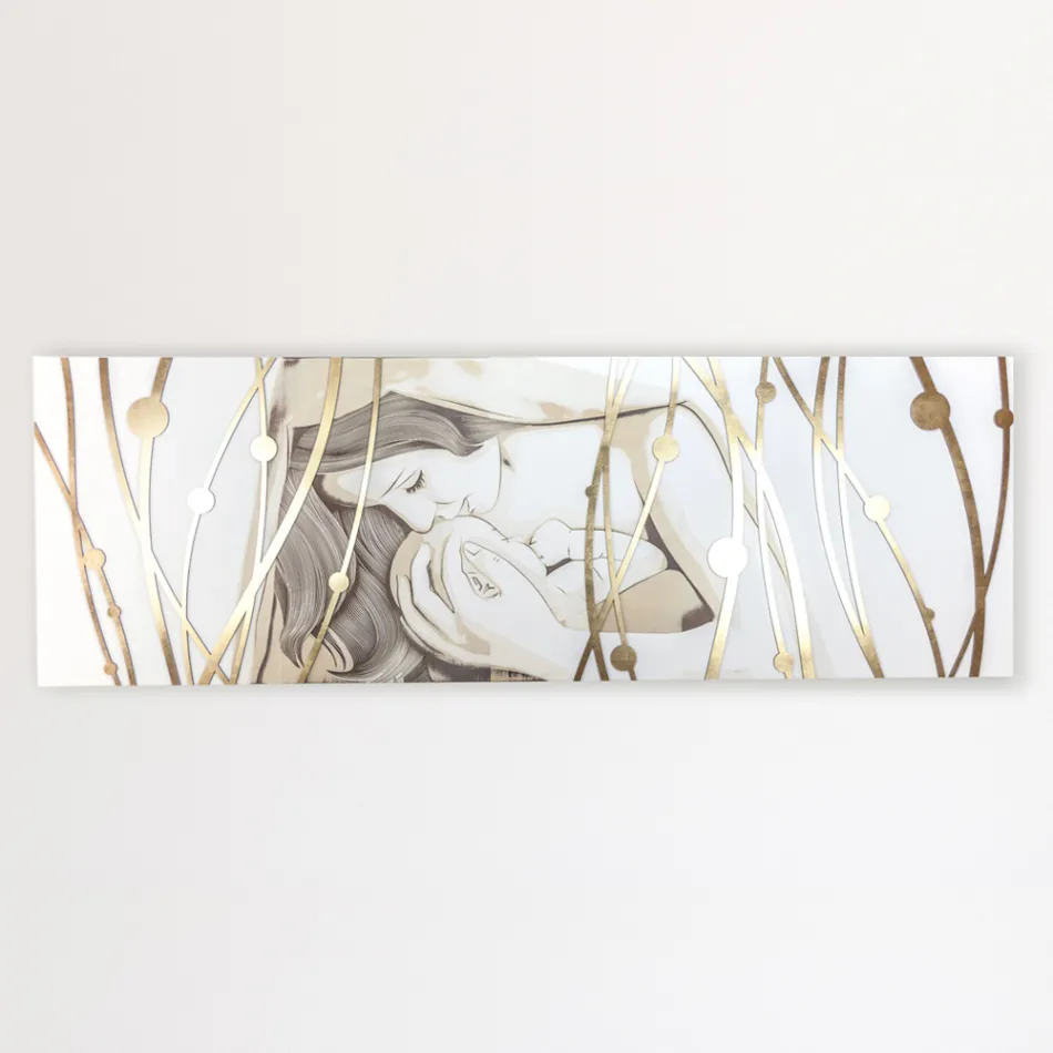 Rektangulært maleri lavet med laser med gudinde og barn lavet i Italien - Nagi Viadurini