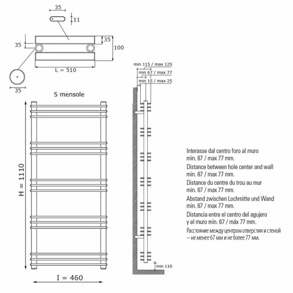 Moderne design lodret vægmonteret radiator op til 530 watt - hylde Viadurini