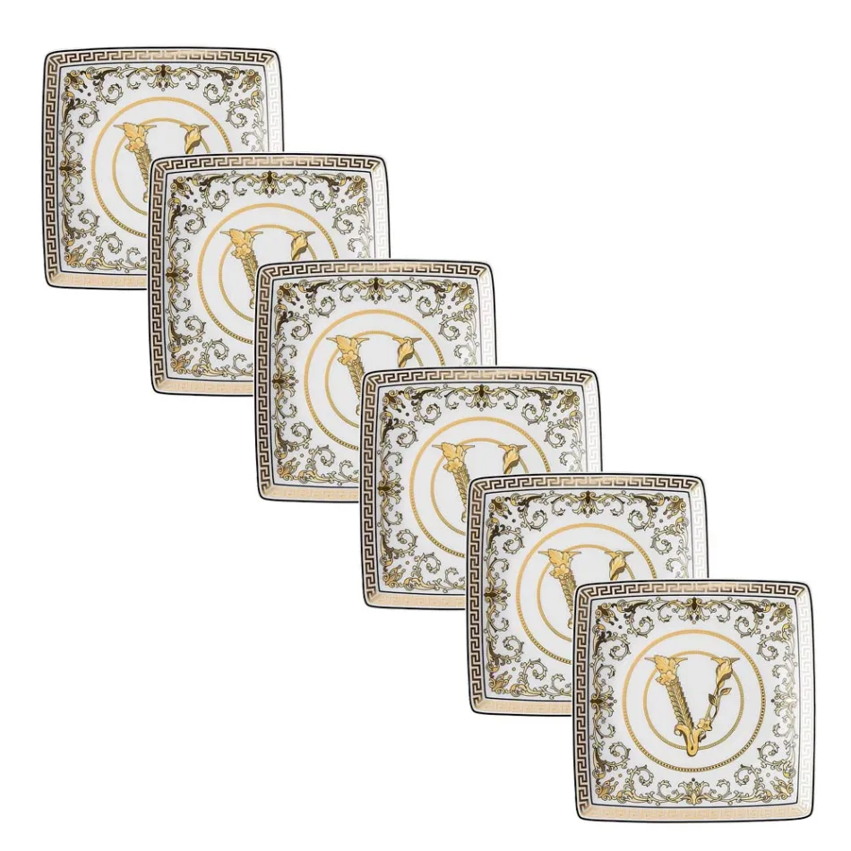 Rosenthal Versace Virtus Gala 6 flade firkantede skåle 15x15 cm i porcelæn - barok Viadurini