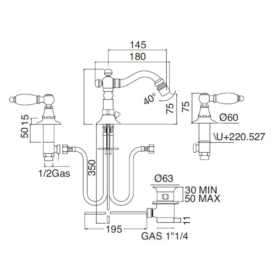 Klassisk 3-hullers bidethane med messinggreb lavet i Italien - Noriana Viadurini
