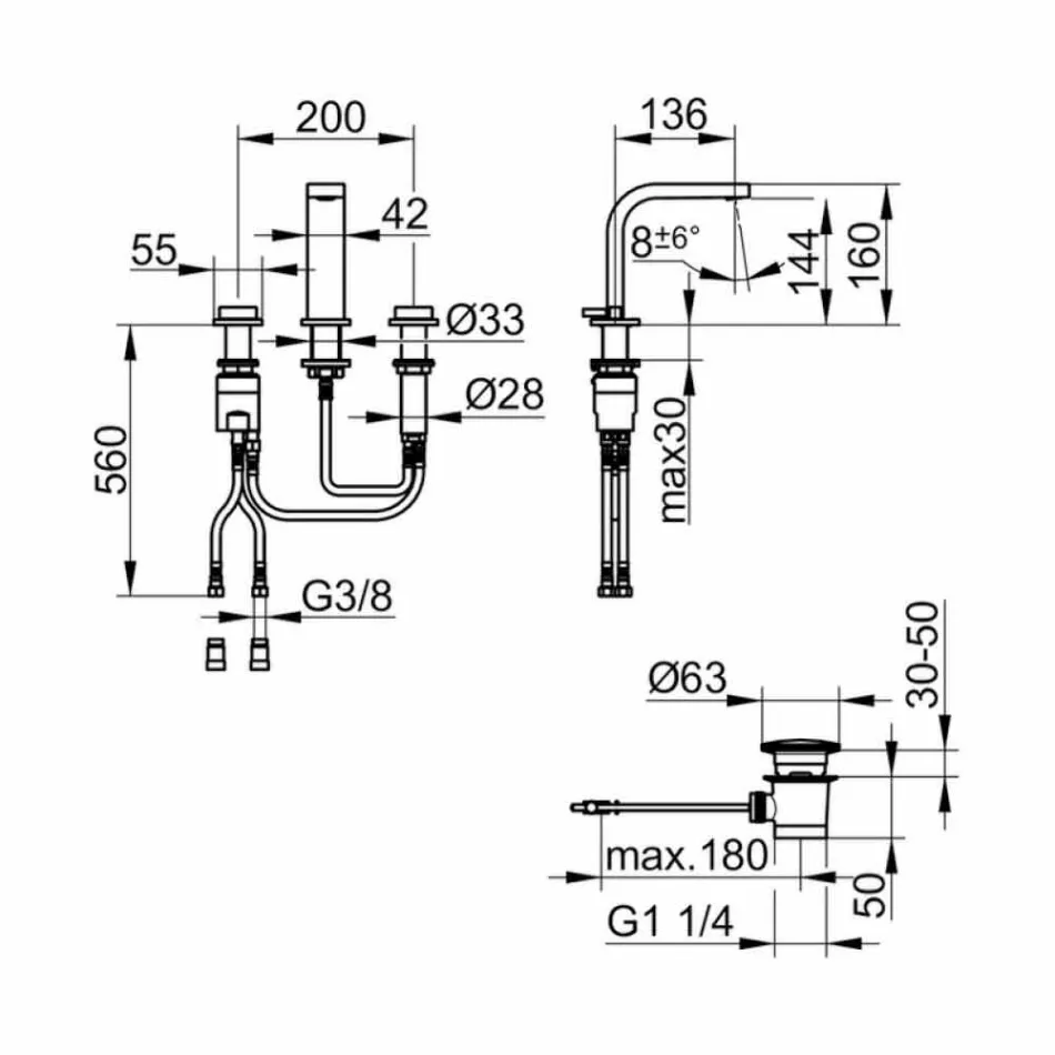 Moderne design håndvaskarmatur med 3 metalhuller - Etto Viadurini