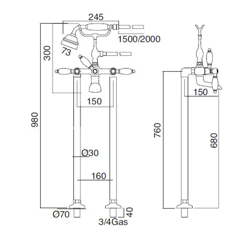 Gulvstående badekararmatur med messinghåndbruser fremstillet i Italien - Noriana Viadurini
