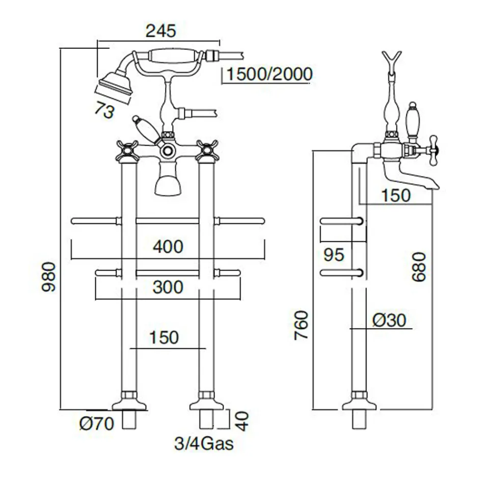 Klassisk messing gulvstående badeværelsesarmatur med håndbruser - Fioretta Viadurini