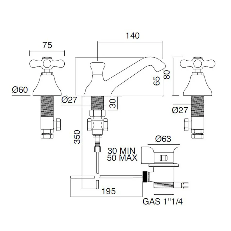 3-hullers håndvaskhane i messing med afløb i klassisk stil - Ercolina Viadurini