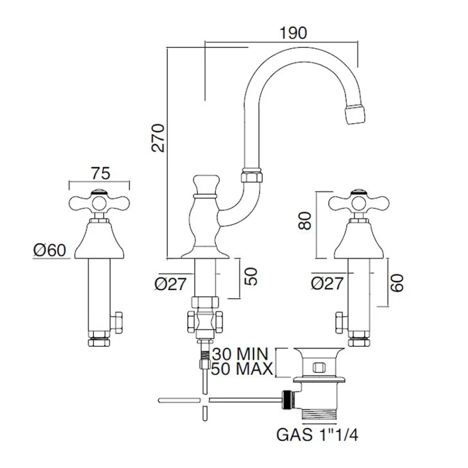 3 hullers håndvaskhane i messing med høj tud og afløb - Ercolina Viadurini