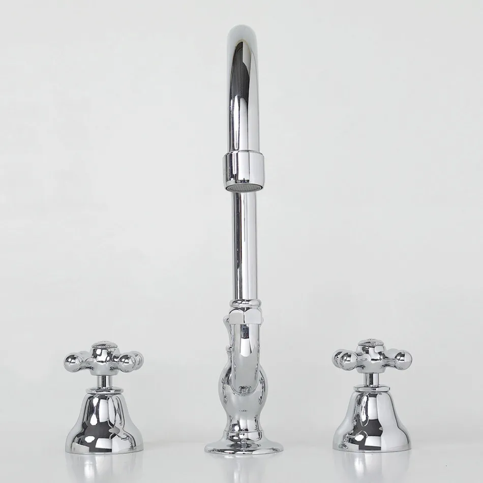 3 hullers håndvaskhane i messing med høj tud og afløb - Ercolina Viadurini