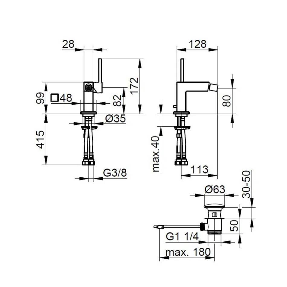 Bidet etgrebs blandingsbatteri med firkantet designafløb - Erik Viadurini