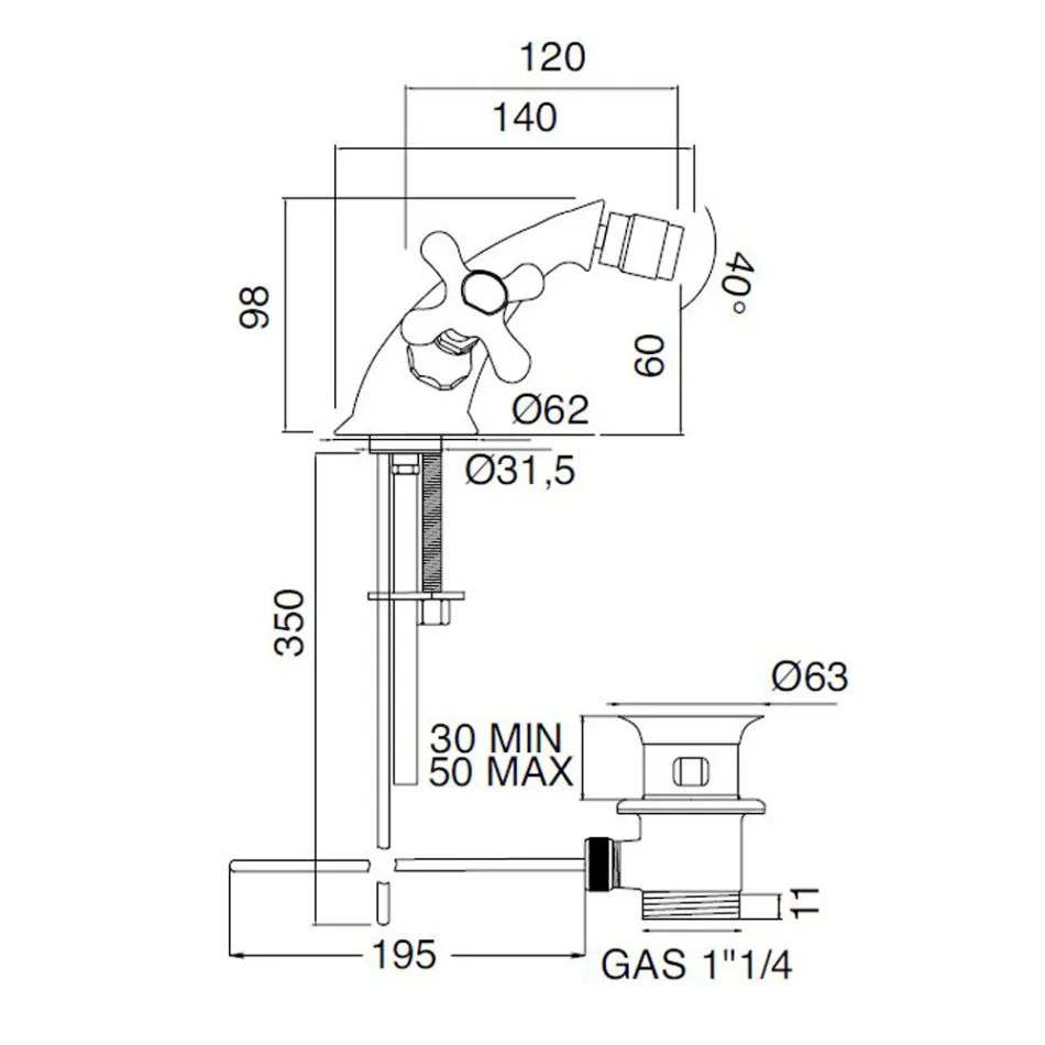Enkelthuls-bidethane i messing med affald i klassisk stil - Ercolina Viadurini