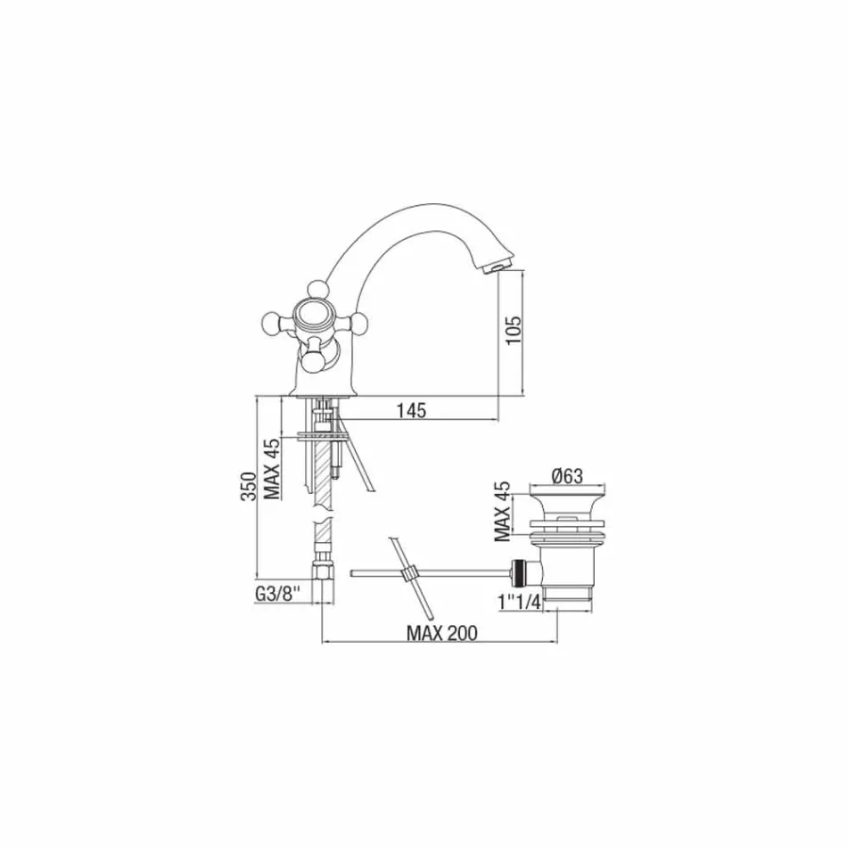 Enkelt hul messing badeværelse håndvaskarmatur med lavet i Italien afløb - Lisca Viadurini