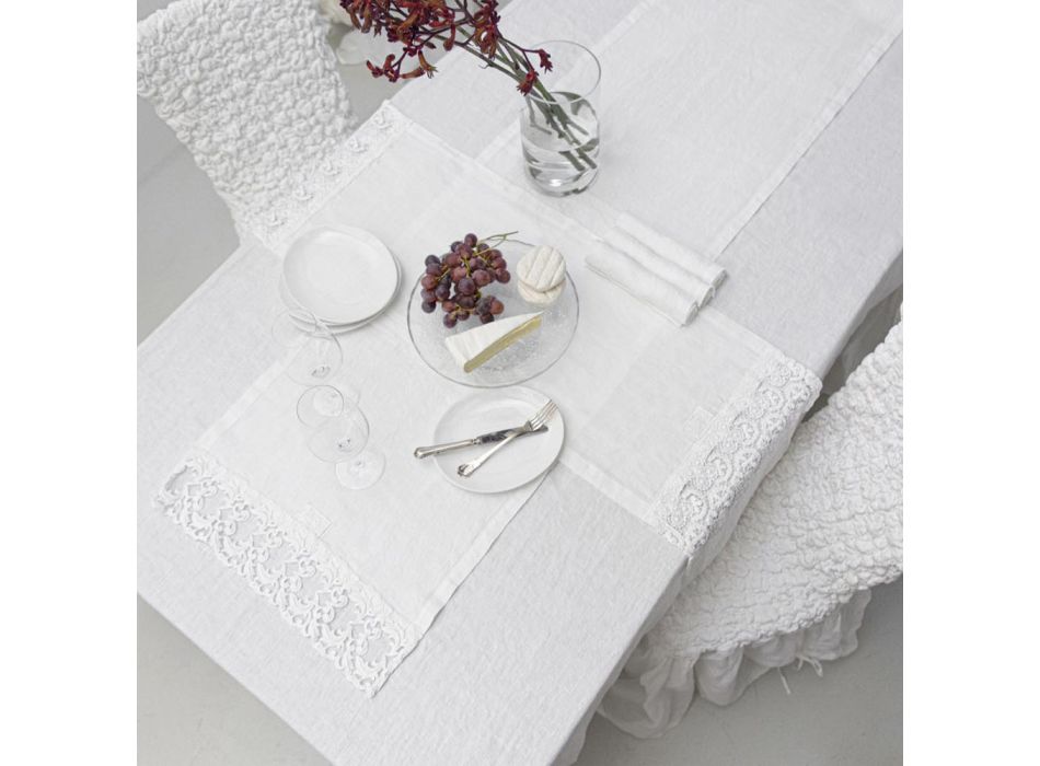 Hvid bordløber i kraftig hør med hæklet luksusblonde på siderne - Giangi Viadurini