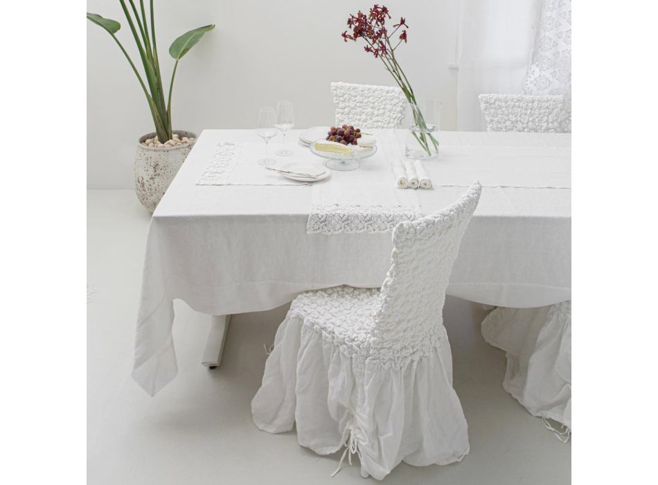 Hvid bordløber i kraftig hør med hæklet luksusblonde på siderne - Giangi Viadurini