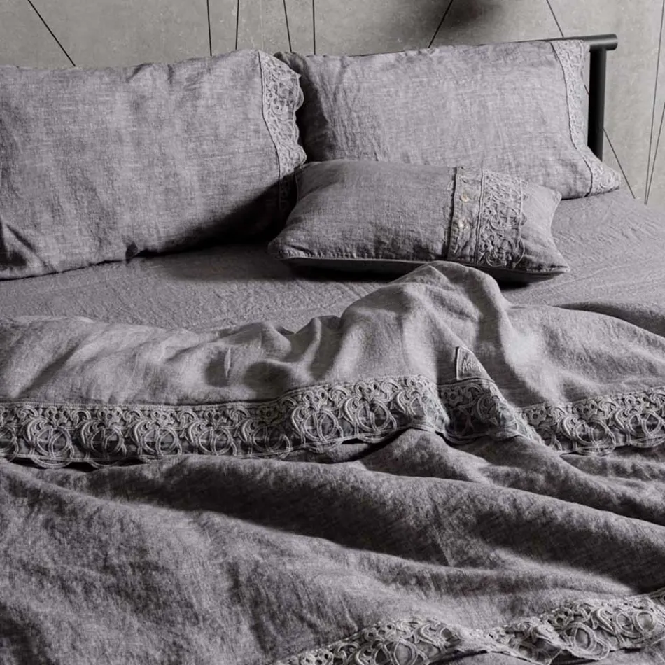 Opbevaringspose til dynebetræk af hør med Sinergia blonder og knapper - Energis Viadurini