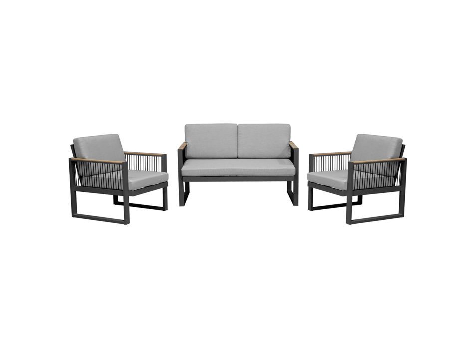 Udendørs stue med sofa og 2 lænestole i reb aluminium og teak - Chaiselong Viadurini