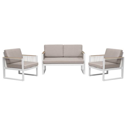 Udendørs stue med sofa og 2 lænestole i reb aluminium og teak - Chaiselong Viadurini