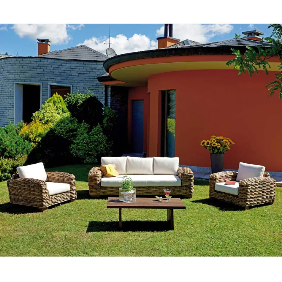 Rattan Garden Lounge med træ sofabord og hynder - Hugues Viadurini