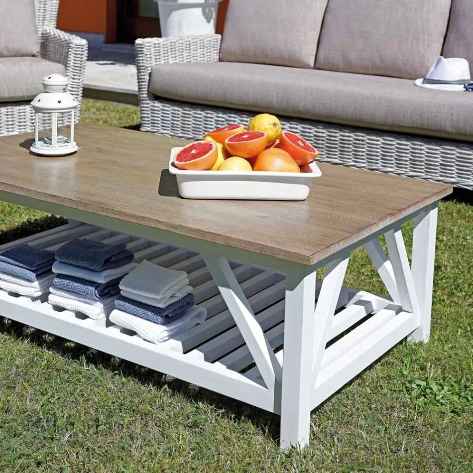 Udendørs lounge med mango træ sofabord og polycotton puder - Orlando Viadurini