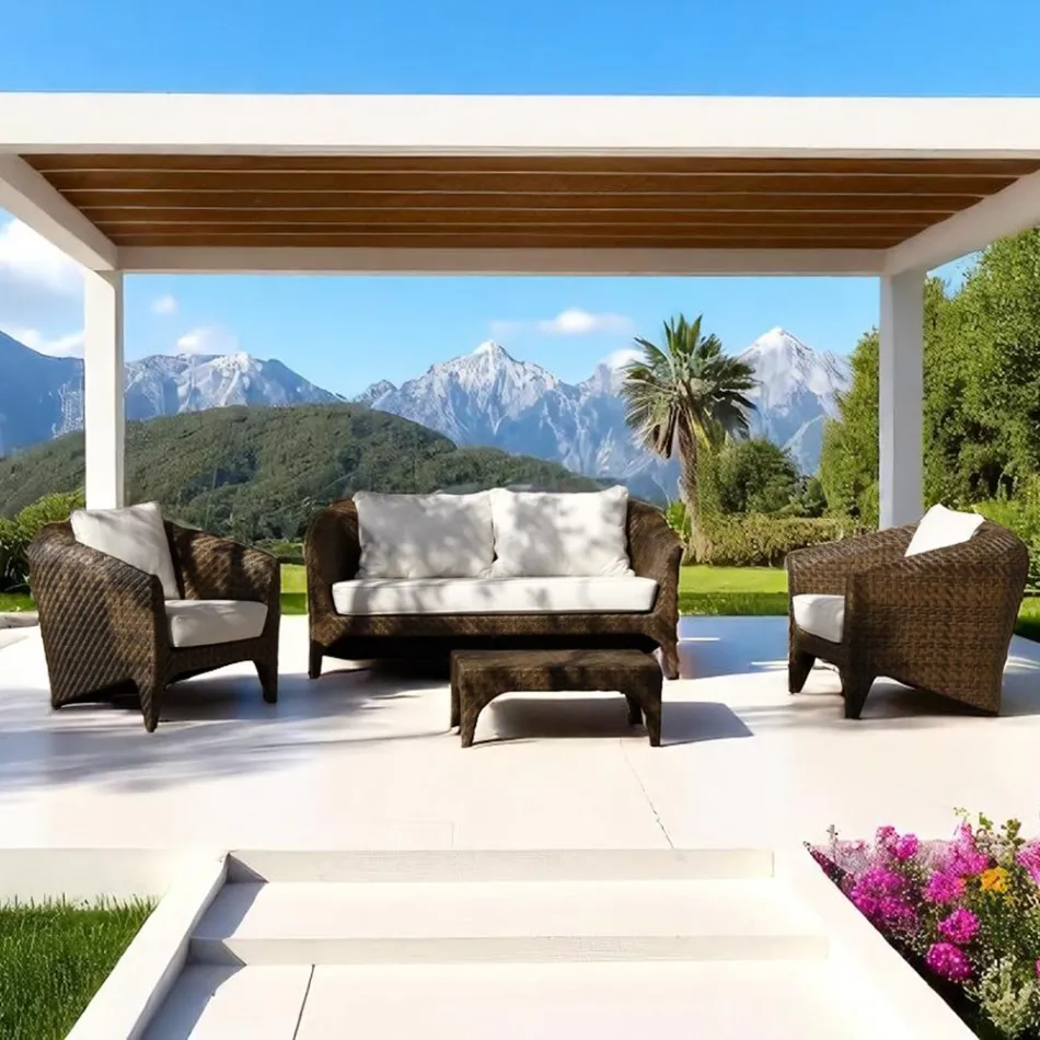 Polyrattan stuemøbelmærke REHAU i forskellige finish og hvide hynder - Madness Viadurini