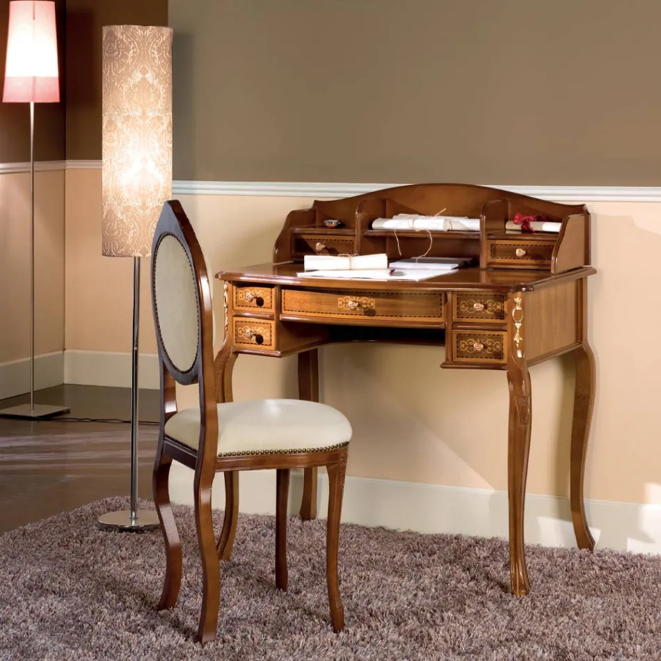 Skrivebord 7 skuffer valnøddetræ med indlæg lavet i Italien - Katerine Viadurini