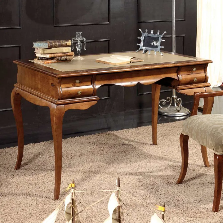 Skrivebord med 5 skuffer Valnøddetræ og Økolæder Lavet i Italien - Hastings Viadurini