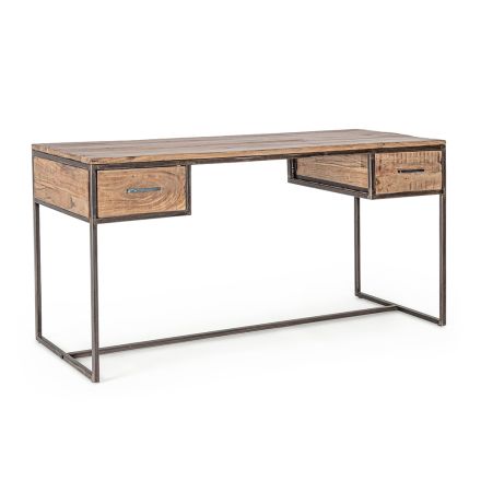 Homemotion skrivebord i stål og akacietræ med 2 skuffer - Benver Viadurini