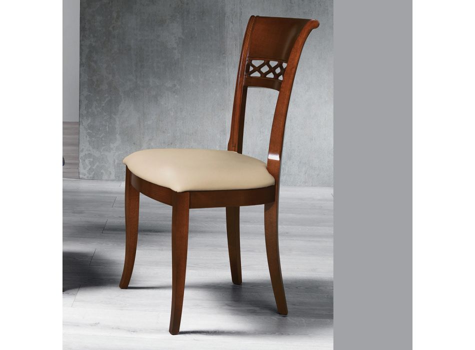 Klassisk stol i bøgetræ med dekoreret ryg og Ecoleather - Milissa Viadurini