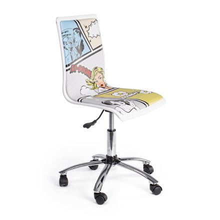 Drejelig kontorstol i stål og økolæder med tegneserietryk - Lollo Viadurini