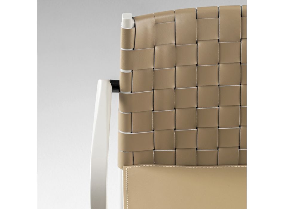 Luksus stol i beige lakeret bøg og vævet læder Lavet i Italien - Nora Viadurini
