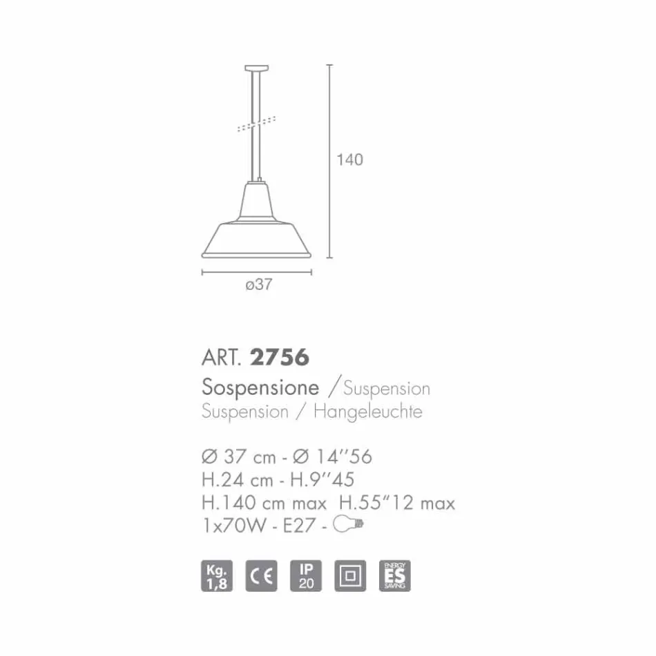 Selene Lampara suspension lampe blæst o37 H 24/140 cm glas Viadurini