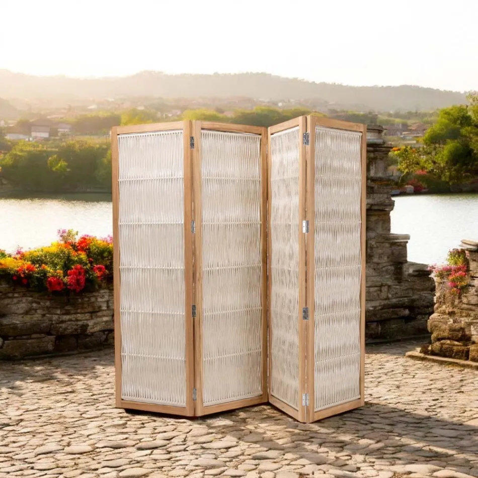 Udendørs skillevæg i teak, aluminium og rebvævning - Vision Viadurini