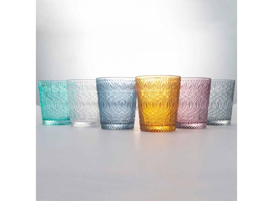 Farvet og dekoreret glasvandsbrille service, 12 stykker - Pizzotto Viadurini