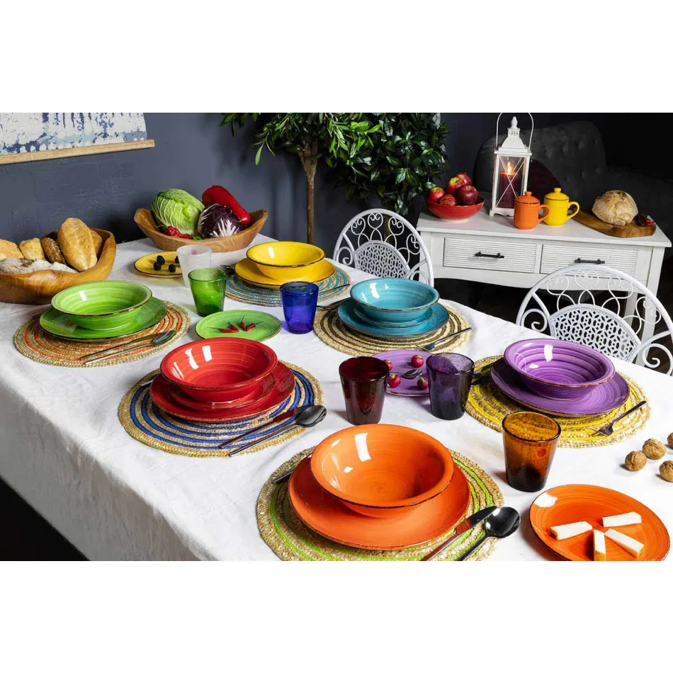 Service med farvede plader 18 stykker i moderne stentøj - Abruzzo Viadurini