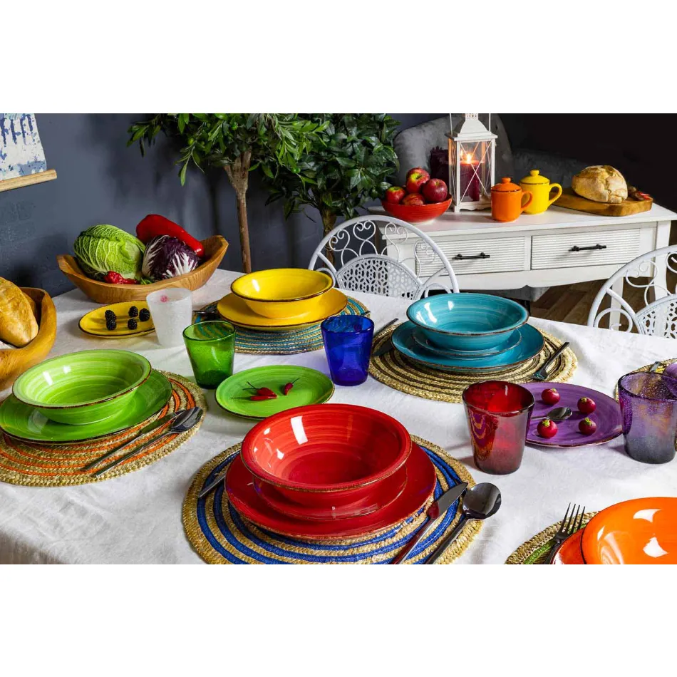 Service med farvede plader 18 stykker i moderne stentøj - Abruzzo Viadurini