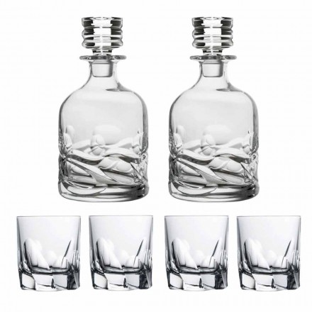 Whiskysæt 2 flasker og 4 briller i dekoreret krystal - Titanium Viadurini