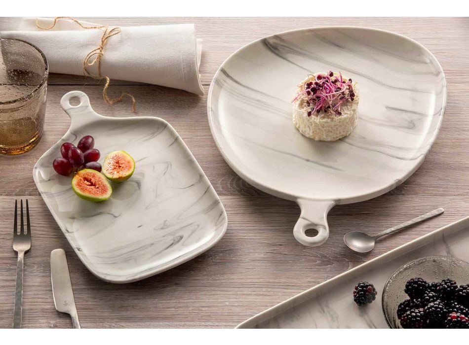 Sæt af 12 middags- eller serveringsplader i porcelæn med håndtag - Mufasa Viadurini
