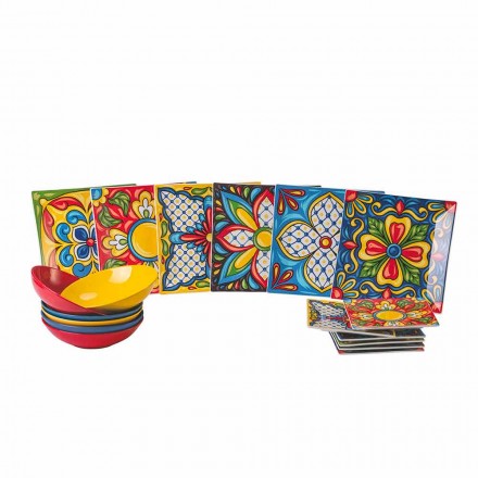 Porcelæn og stentøj farvet middagstallerken service 18 stykker - Aztecas Viadurini