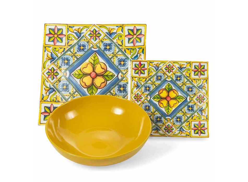 Sæt med moderne farvede firkantede plader i porcelæn og porcelæn 18 stykker - sommer Viadurini