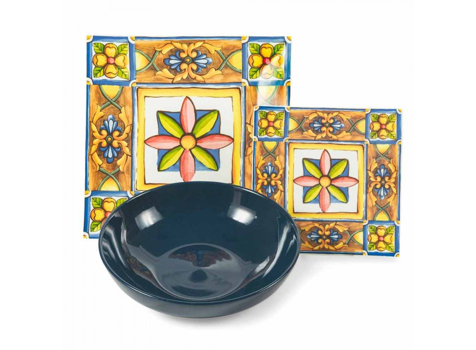 Sæt med moderne farvede firkantede plader i porcelæn og porcelæn 18 stykker - sommer Viadurini